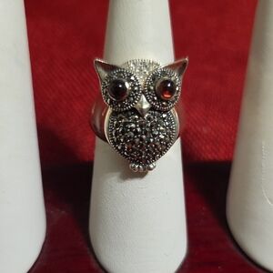 MARC Sterling Silver Vintage Garnet Marcasite Rhinestone Owl Ring Size 8